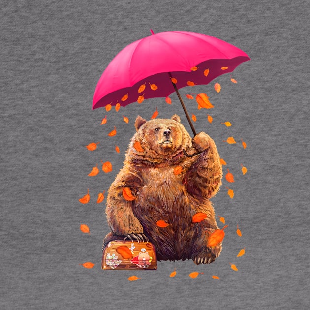 Bear with umbrella on white by kodamorkovkart